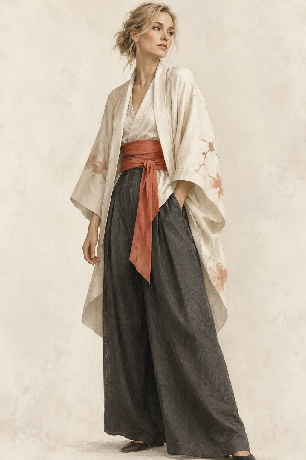 AI illustration of an adult blonde woman in loose ivory Japanese-inspired clothing and a coral sash